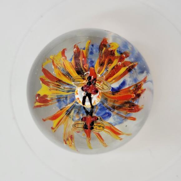 Glass Flower Dragonfly Paperweight Orange Blue Blown Art Glass - Picture 4 of 7